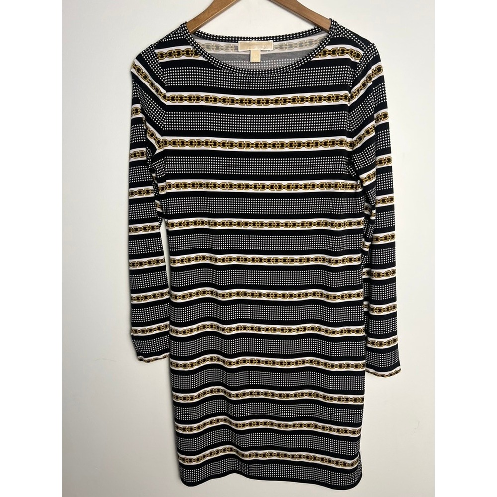 Michael Kors M Black Gold Chain Polka Dot Stripe Dress Old‎ Money Quiet Luxury